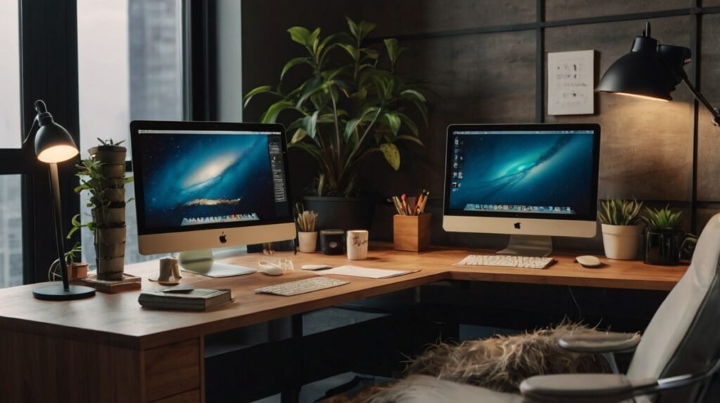 Tech-Savvy Workstation 

Streamline your workstation by integrating tech-friendly gadgets like wireless charging pads, cable organizers, and dual-screen setups. These additions not only look modern but also enhance your efficiency.