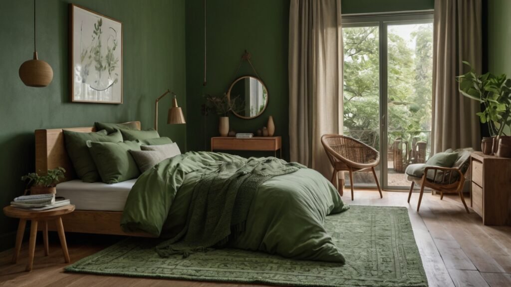 green bedroom textile and rug