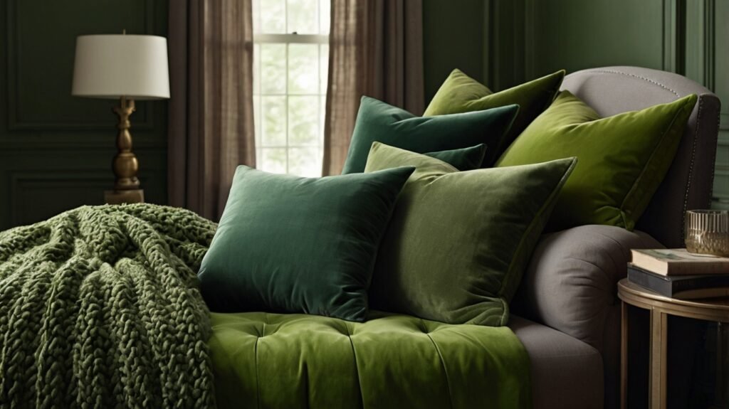 green pillows and blanket
