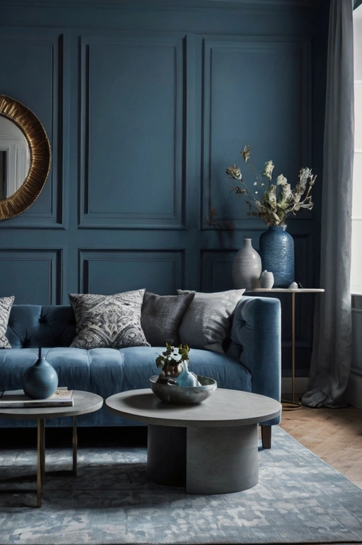 Blue Feature Wall with Grey Furniture