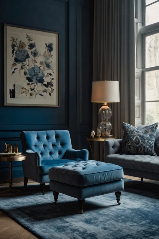 Blue Velvet Armchairs with Grey Rug