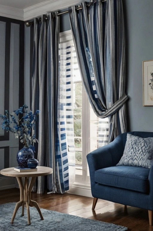 Blue and Grey Striped Curtains