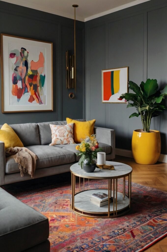 Grey Couch in a Colorful Room