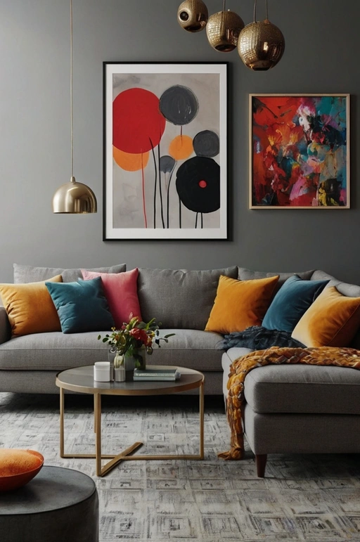 Grey Couch with Bold Artwork