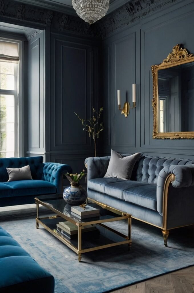 Grey Paneling with Blue Sofa