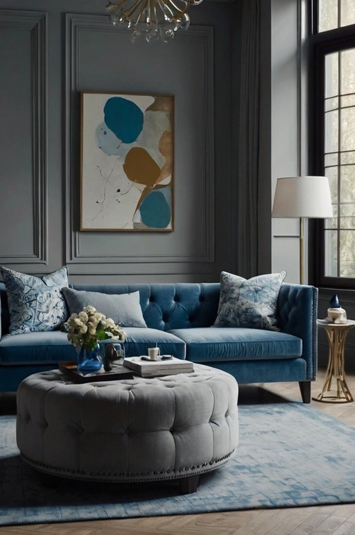 Light Grey Sofa with Blue Ottoman