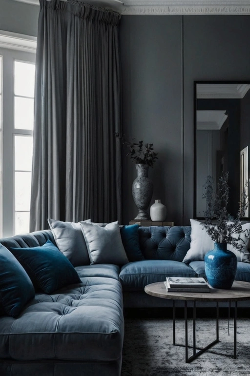 Monochrome Grey with Blue Curtains