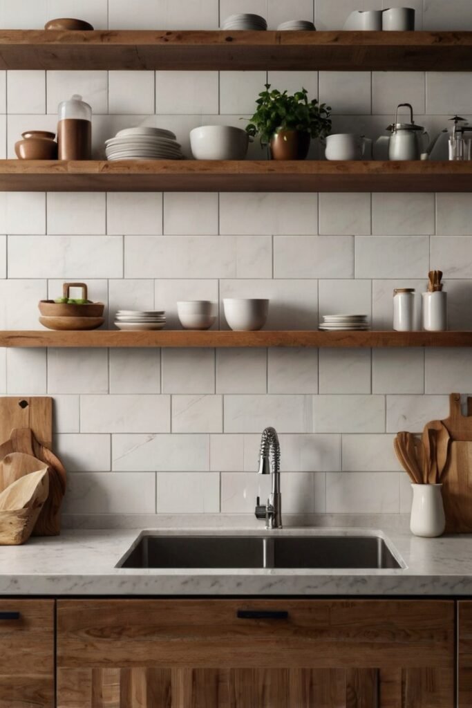 White Backsplash with Natural Wood Accents