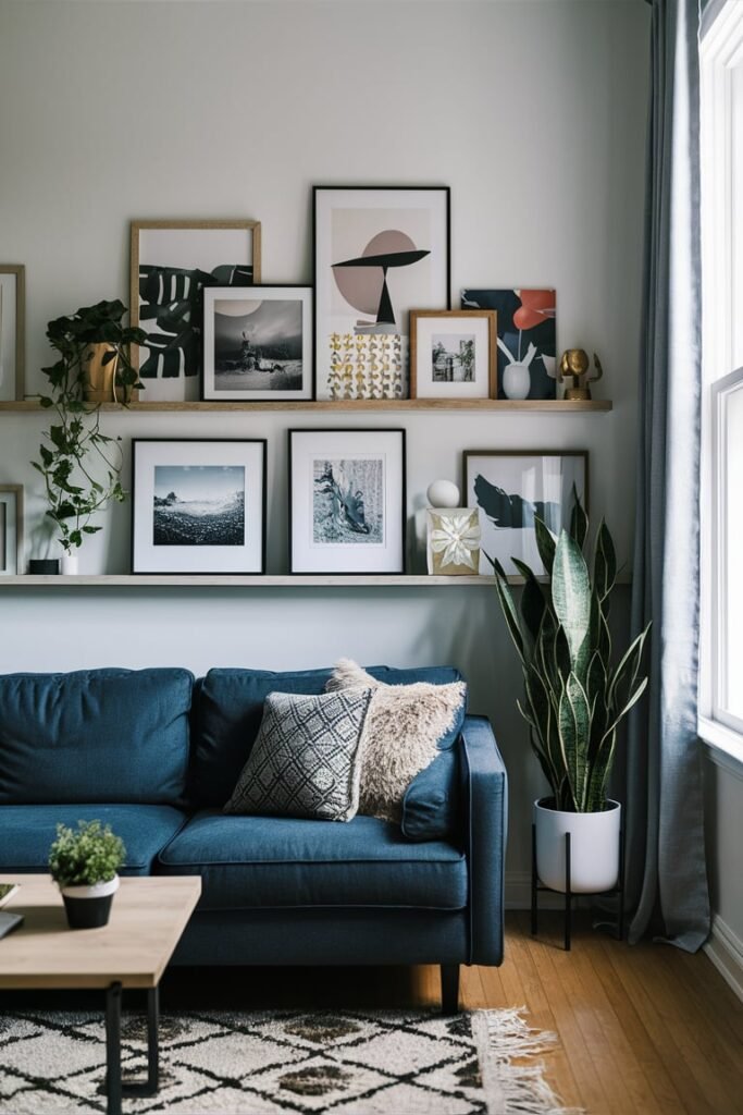 Layered Art Pieces on a Picture Ledge