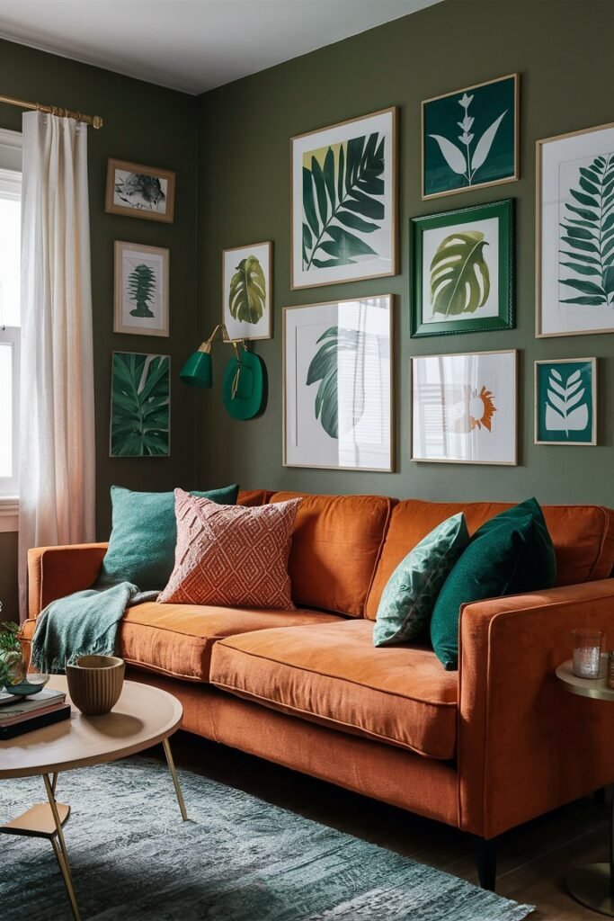 Burnt Orange Sofa with Green Art Pieces