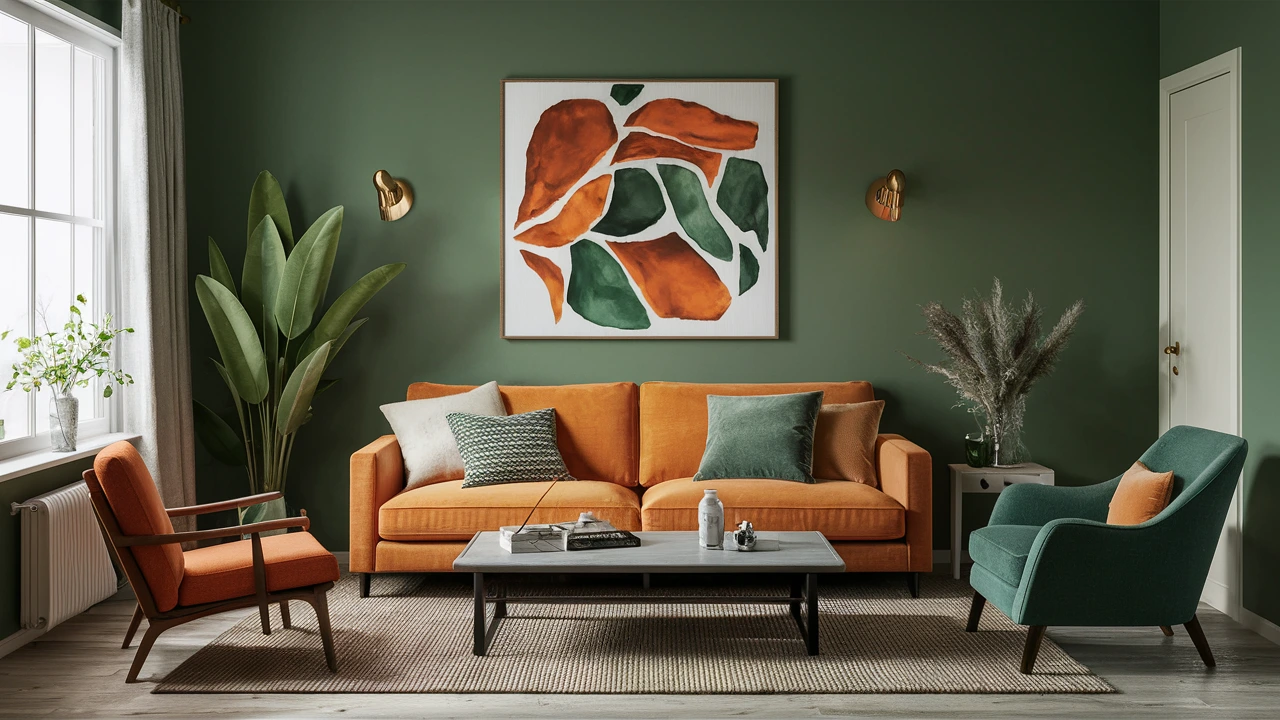 Burnt Orange and Green Living Room