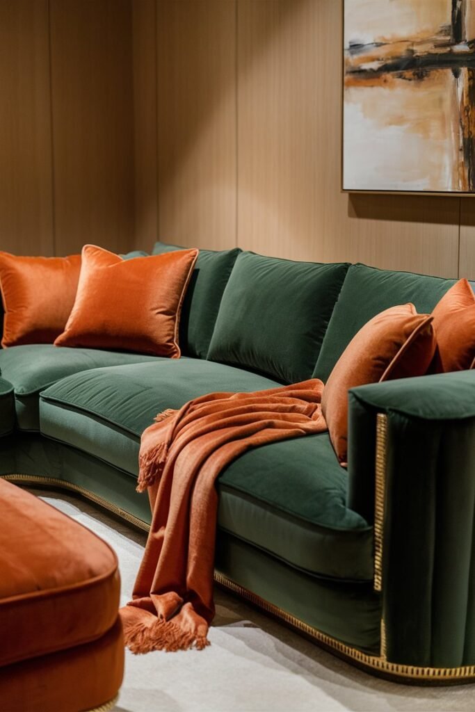 Green Velvet Sofa with Burnt Orange Accents