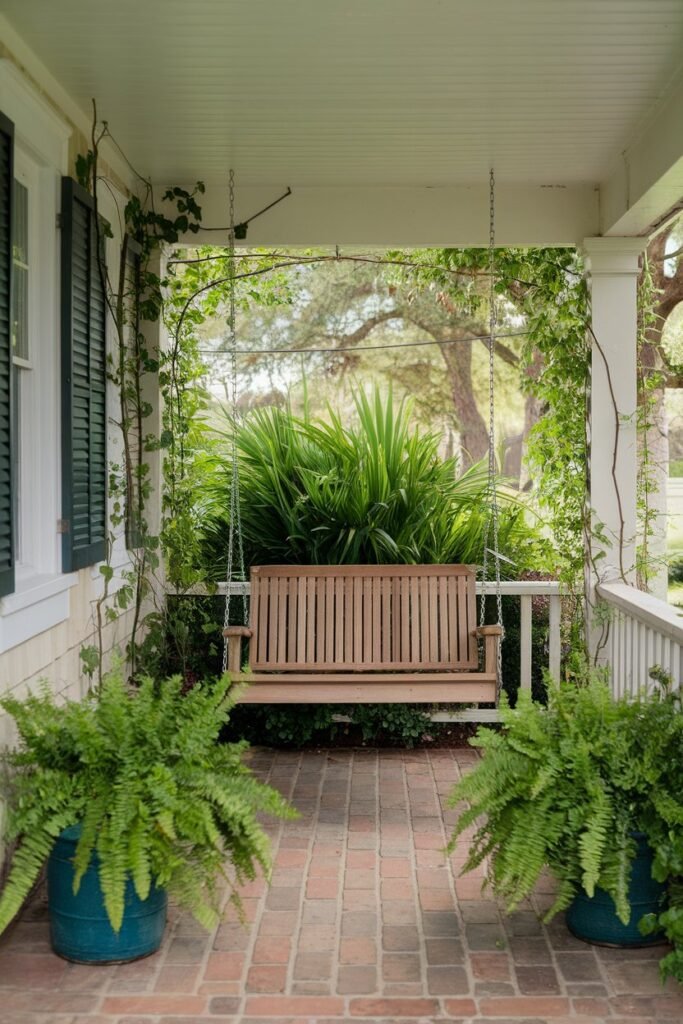 Porch Swing Surrounded by Greenery