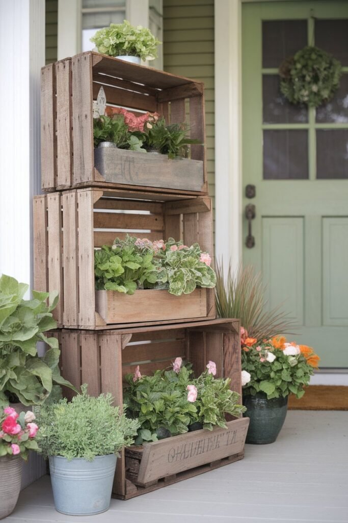 Rustic Wooden Crates with Plants