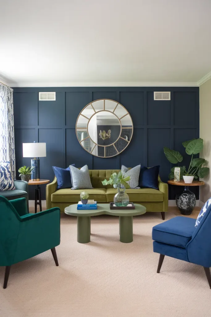 A Navy Accent Wall Meets Green Velvet