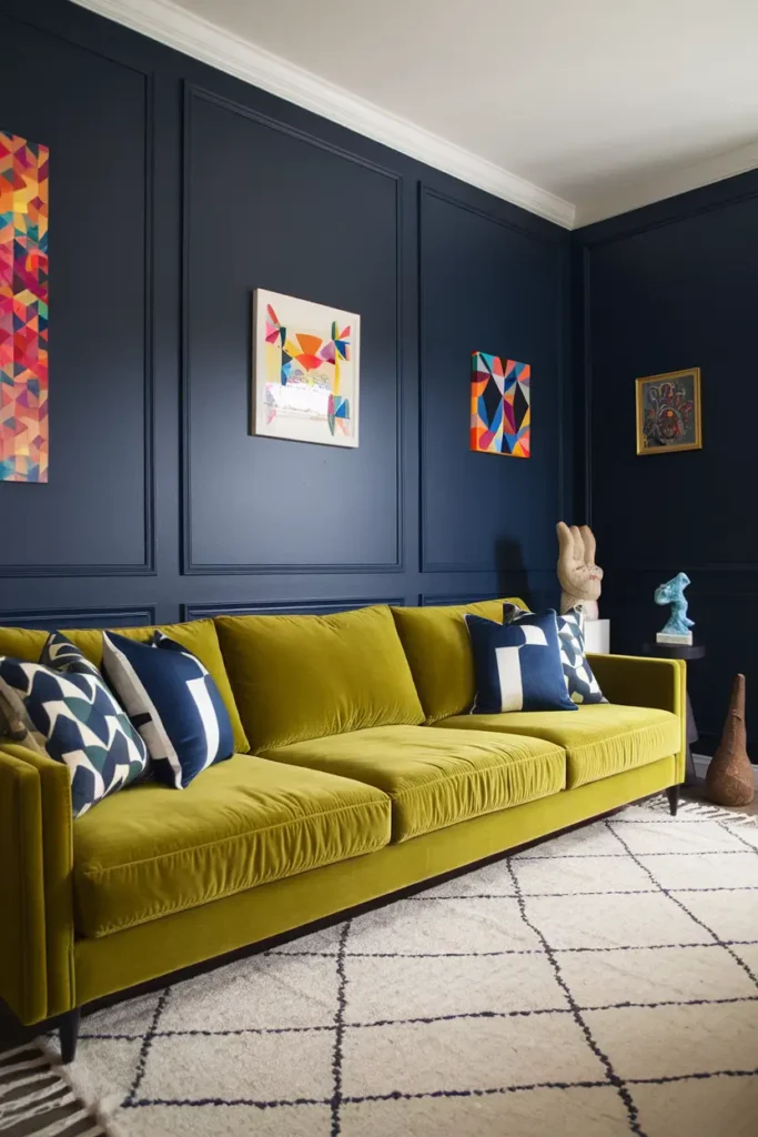 Neon Green Sofa and Navy Backdrop
