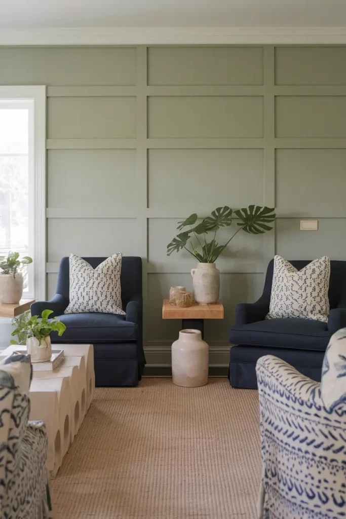 Sage Green Walls with Navy Seating