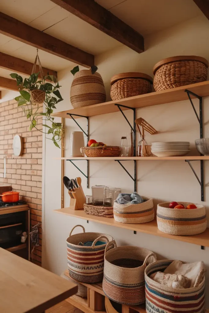Open shelving with woven baskets