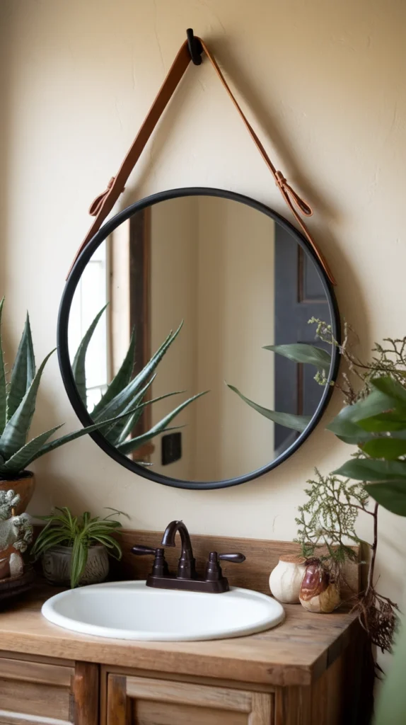 Round Mirrors Hung with Leather Straps