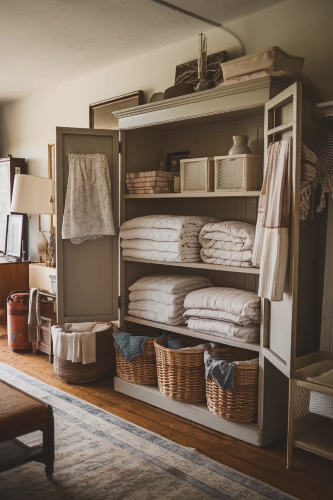 Store Bedding in Vintage Cabinets