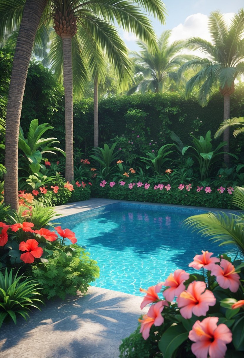 A tropical garden with palm trees and colorful hibiscus flowers surrounding a clear blue swimming pool.