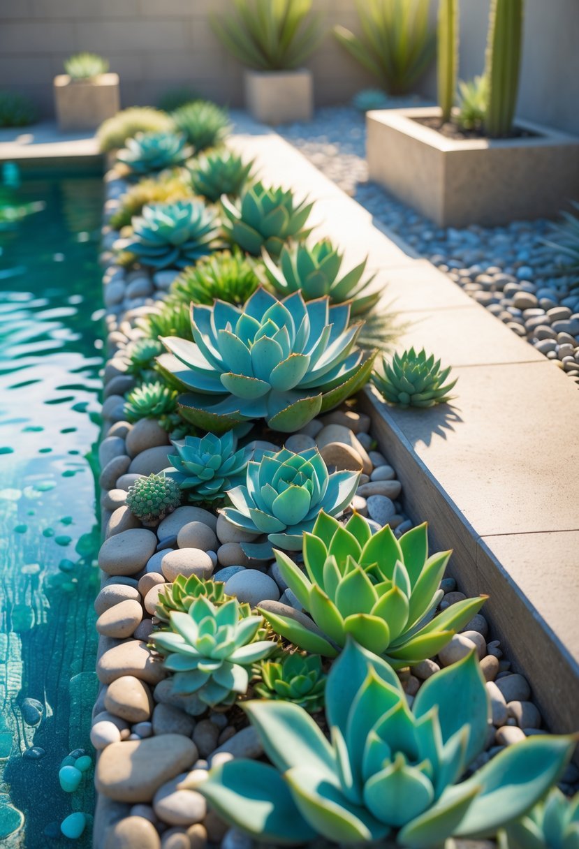 A backyard swimming pool surrounded by various low-maintenance succulent plants along the edges, with natural stone tiles and clear water.