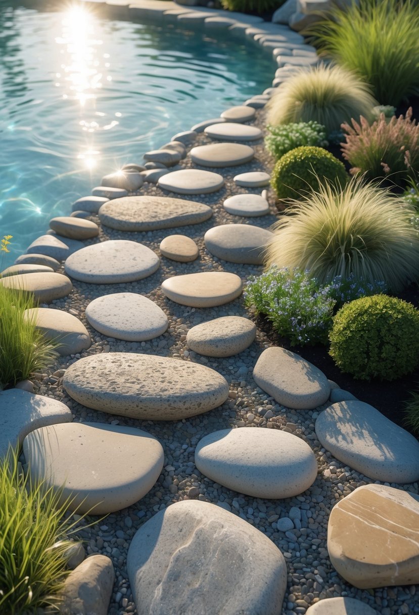 A smooth river rock pathway runs alongside a clear swimming pool surrounded by green plants and shrubs.