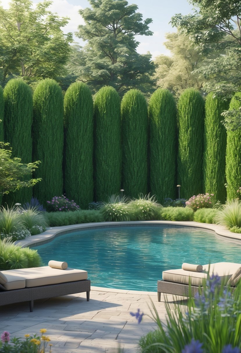 A backyard swimming pool surrounded by tall green hedges with plants and loungers nearby.
