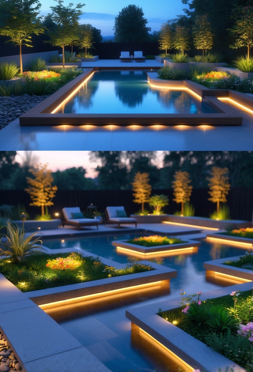 An outdoor pool area at dusk with garden beds illuminated by soft LED lights, surrounded by various plants and flowers.