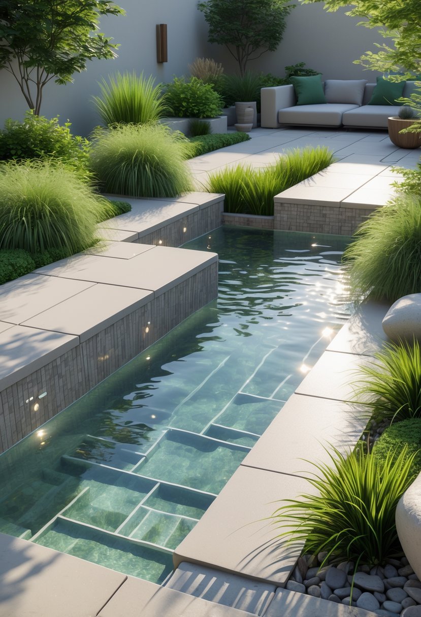 A modern outdoor pool area with sleek tiles and green plants surrounding the water, featuring seating and decorative garden elements.