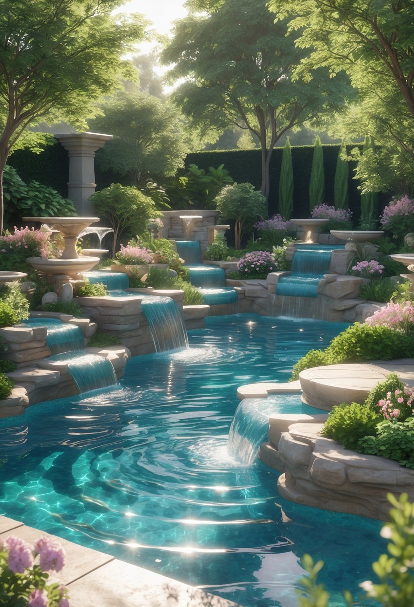 A garden with a swimming pool surrounded by waterfalls, fountains, plants, and trees.