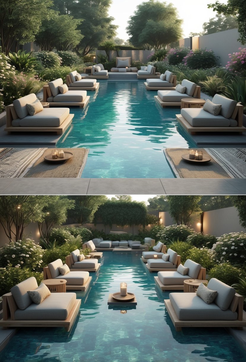 Outdoor pool garden with multiple cozy lounge areas featuring weatherproof furniture surrounded by lush greenery.