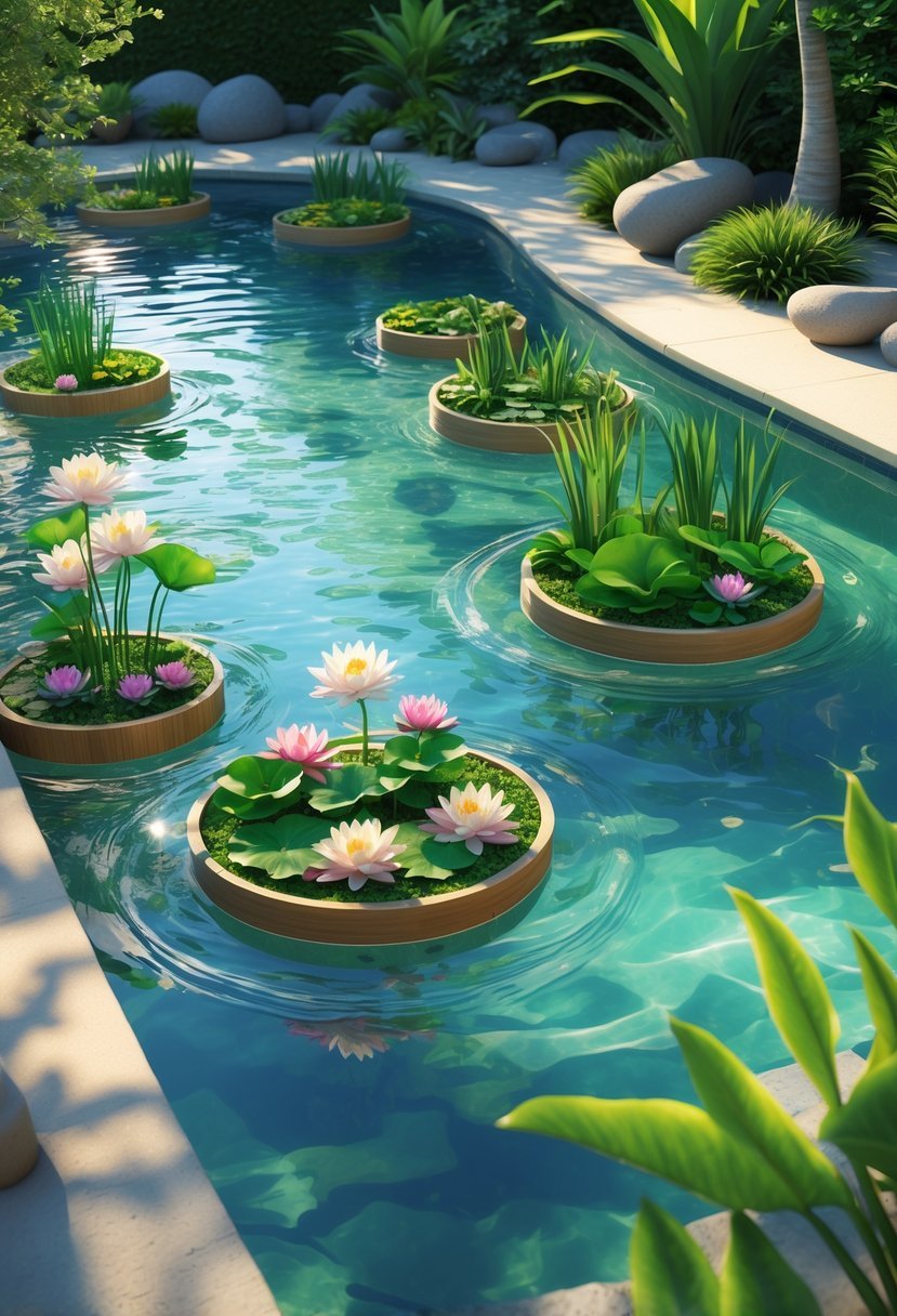 A swimming pool with several floating planters containing aquatic plants on the water surface surrounded by garden greenery.