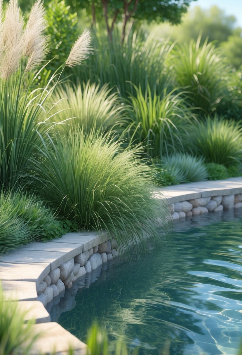 A natural pool edge bordered by various native grasses and plants with clear water and stone edging in a garden setting.
