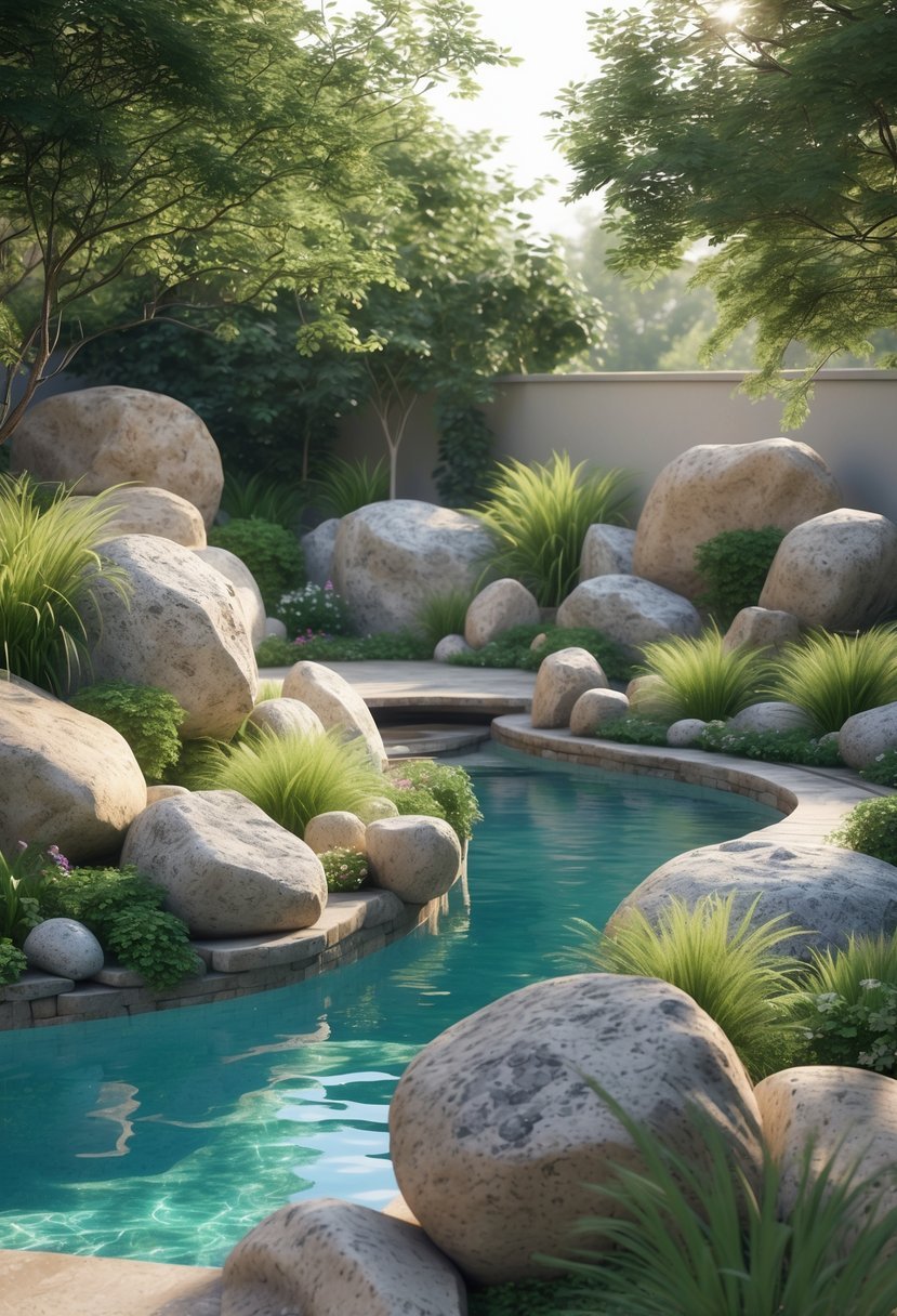 A backyard pool surrounded by large natural boulders and lush green plants under soft sunlight.