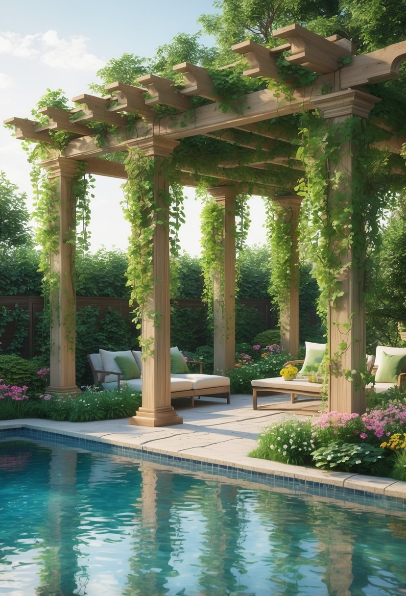 A poolside garden with wooden pergolas covered in climbing vines, surrounded by colorful plants and clear water.