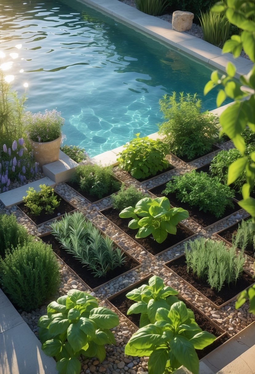An outdoor swimming pool surrounded by raised beds of various green herbs and plants, with stone decking and wooden accents under natural sunlight.