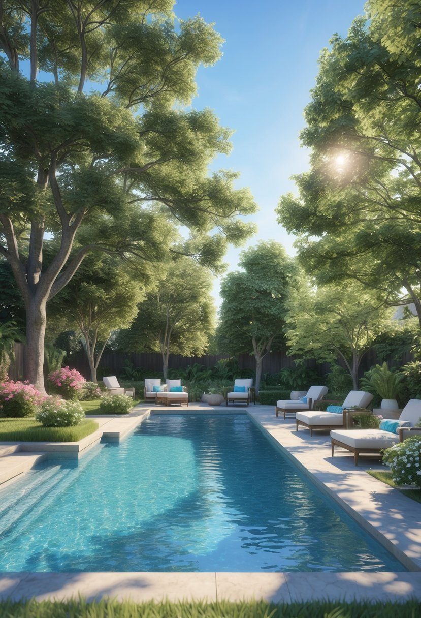 A backyard swimming pool surrounded by various shade trees providing natural shade over lounge chairs and garden areas on a sunny day.