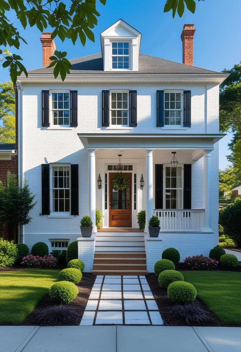 Front view of a white-painted brick house with a porch, windows, and surrounding greenery under a clear sky.