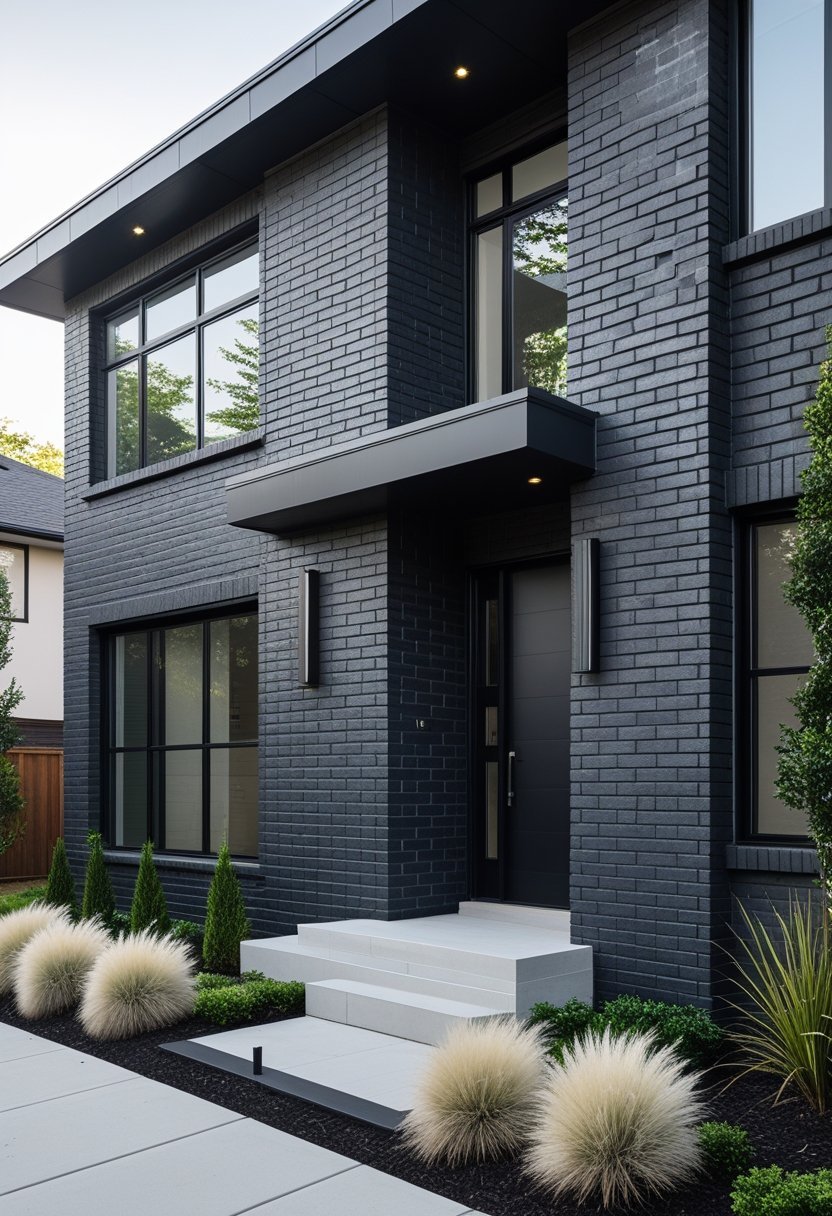 Exterior view of a modern house with charcoal gray brick walls, large windows, and a neatly landscaped front yard.