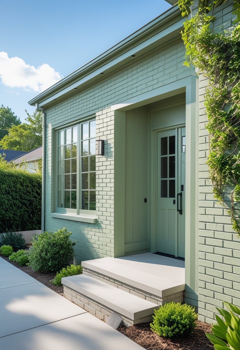 Exterior view of a brick house painted in soft sage green surrounded by greenery under a clear sky.