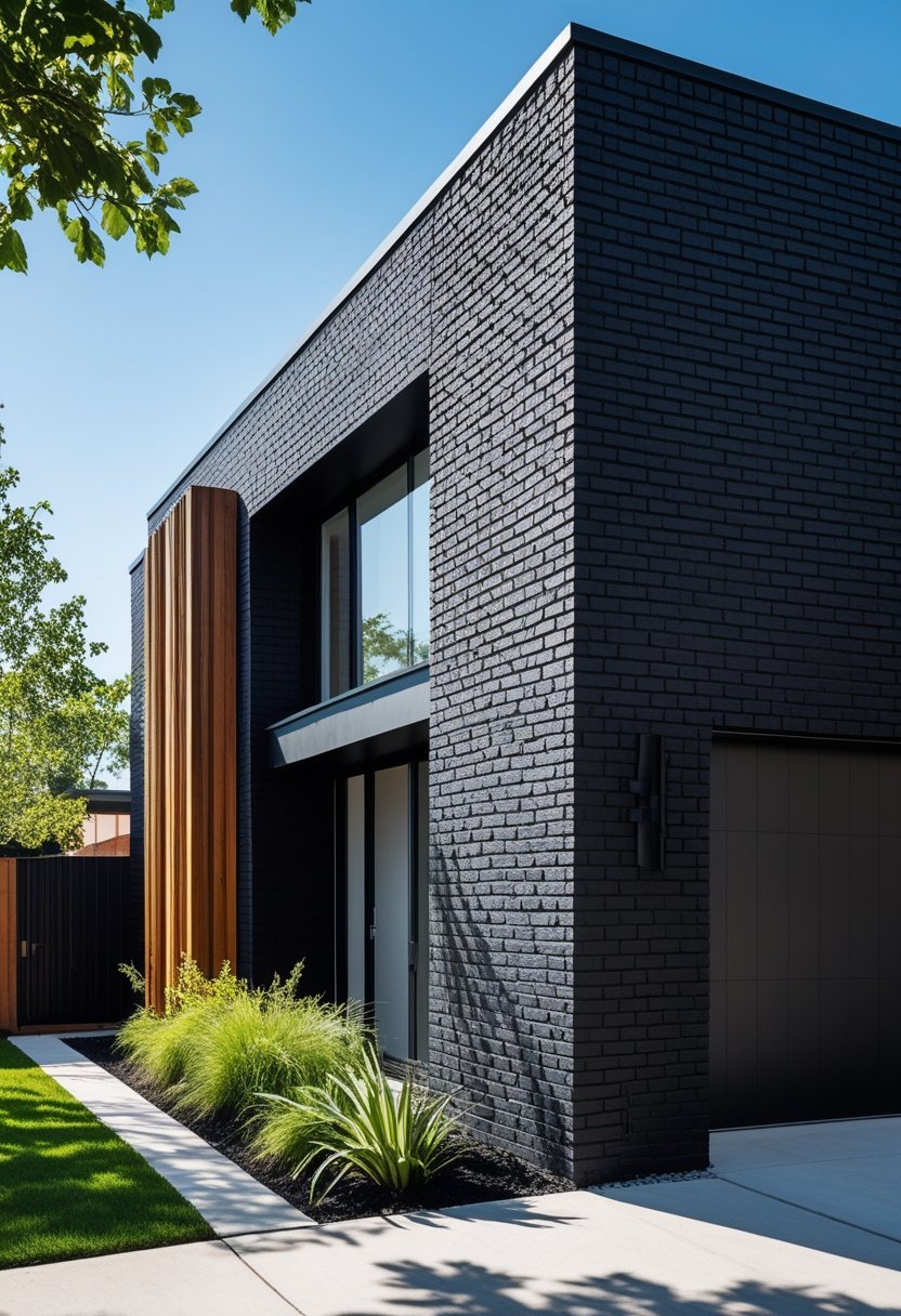 Exterior view of a modern house with black painted brick walls surrounded by greenery and wooden accents under a clear blue sky.