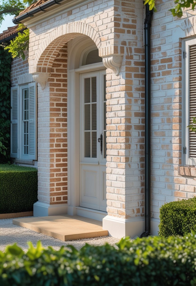 Exterior of a European-style brick house with whitewashed brick walls and surrounding greenery on a sunny day.