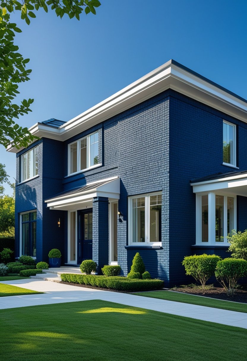 Exterior view of a modern house with navy blue brick walls, white window frames, and a green garden under a clear sky.