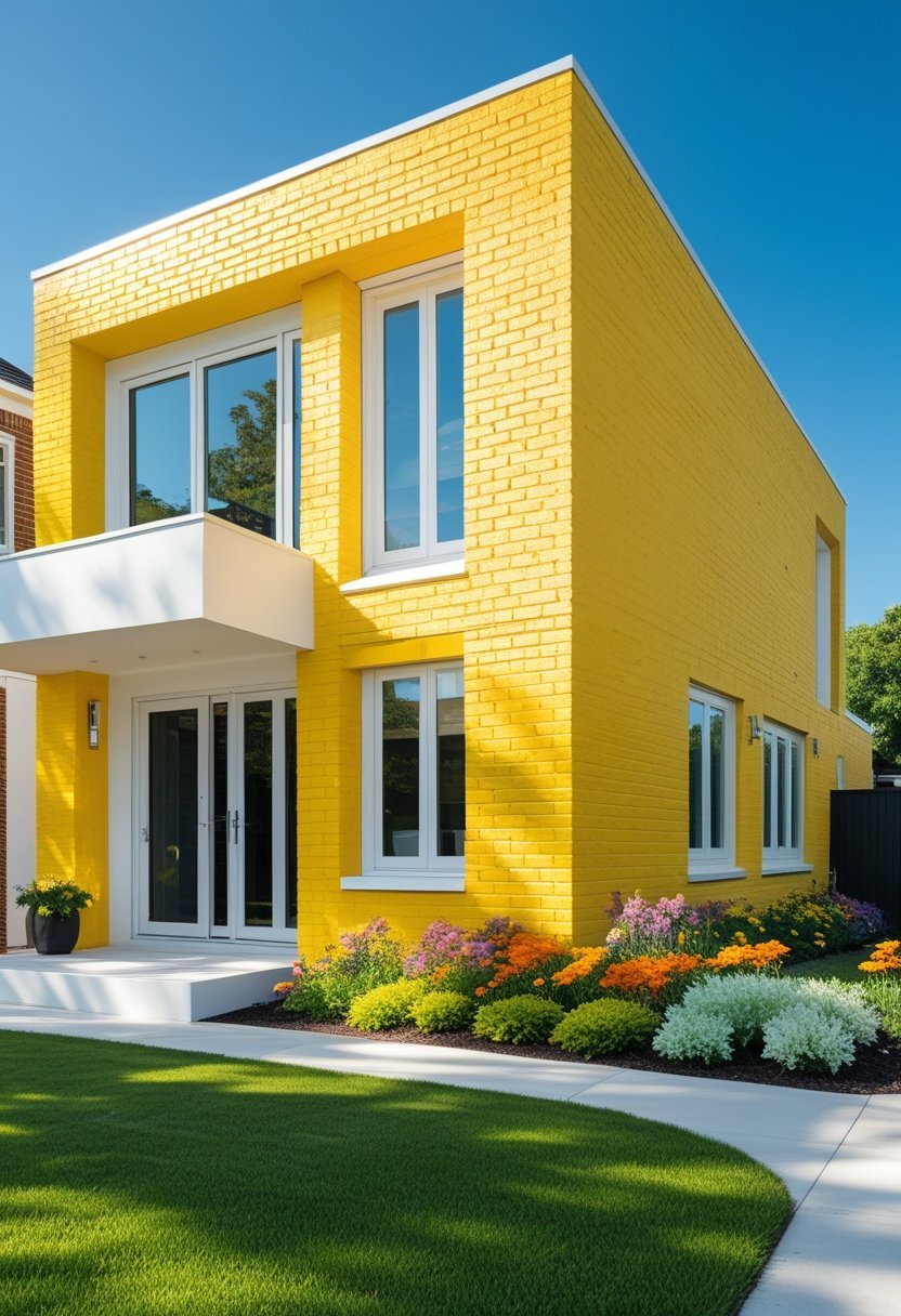 A modern house with bright yellow brick exterior, large windows, and a green front yard under a clear blue sky.