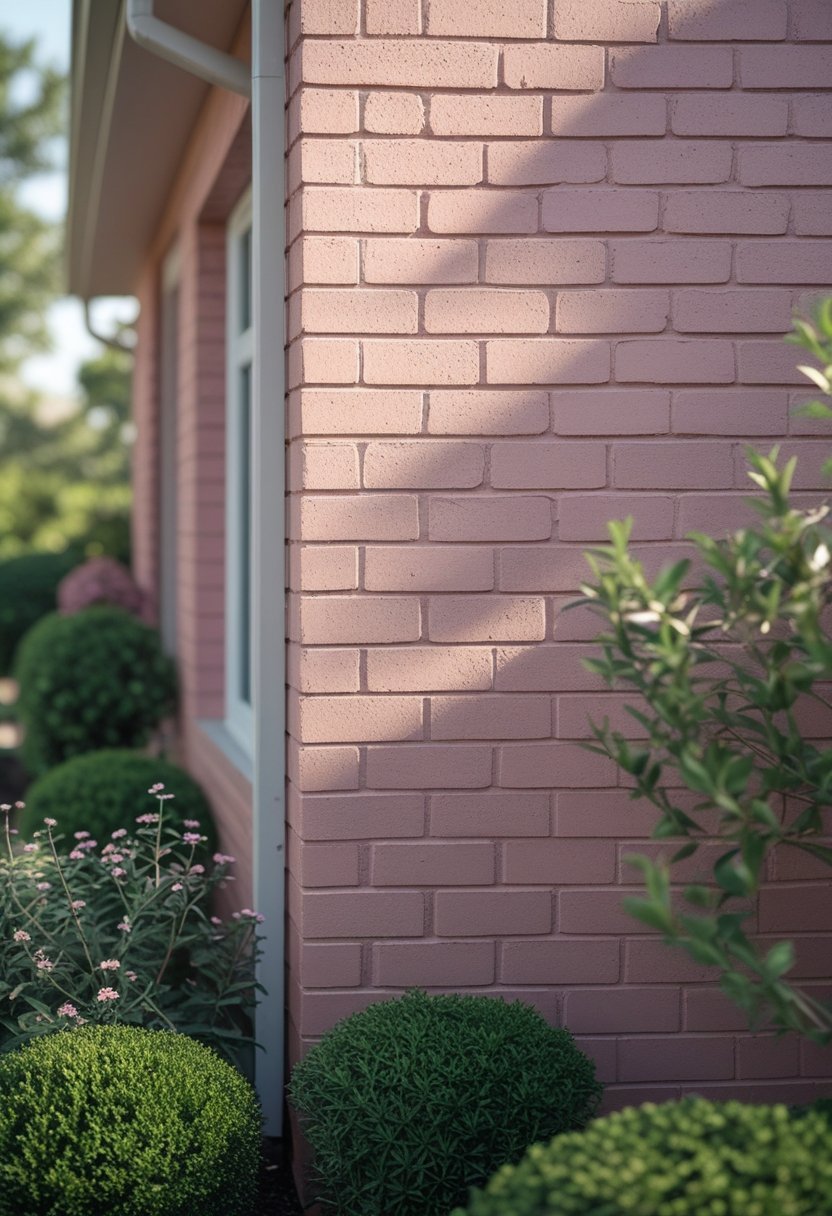 Exterior brick wall painted dusty rose with green shrubs and plants in front under daylight.