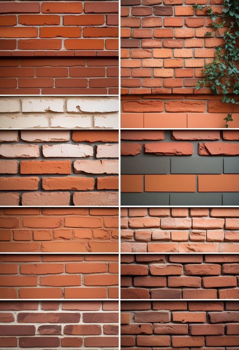 A collection of exterior brick walls painted in various terracotta shades displaying warm, earthy colors and textured surfaces.