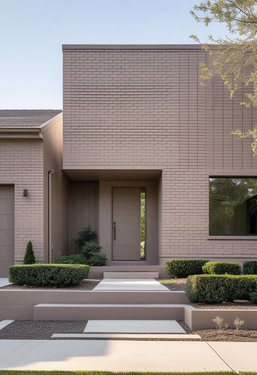 Exterior view of a modern house with soft taupe-colored brick walls and a small front yard with shrubs and a stone pathway.