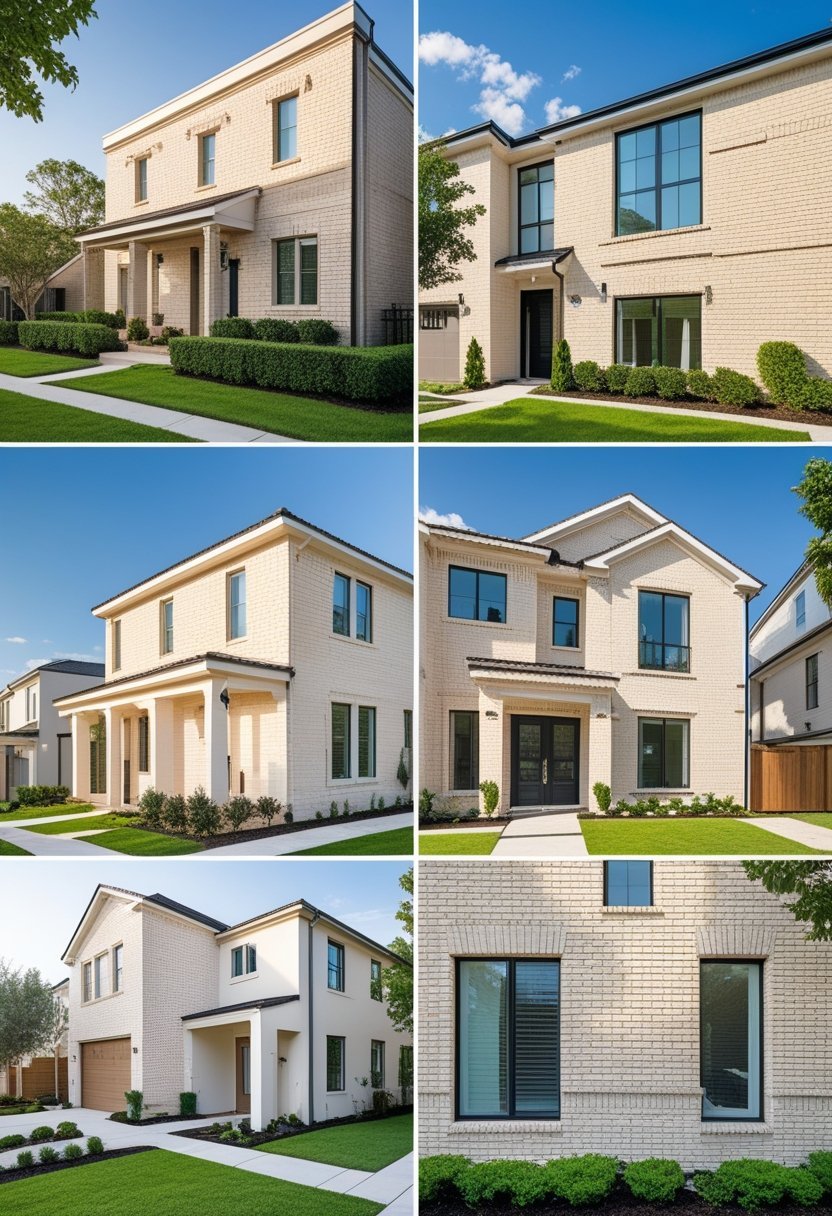 Several houses with cream-colored brick exteriors in a sunny residential neighborhood with green lawns and clear skies.