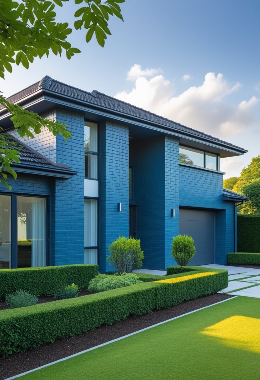 A modern house exterior with brick walls painted in slate blue surrounded by green shrubs and a lawn under a clear sky.